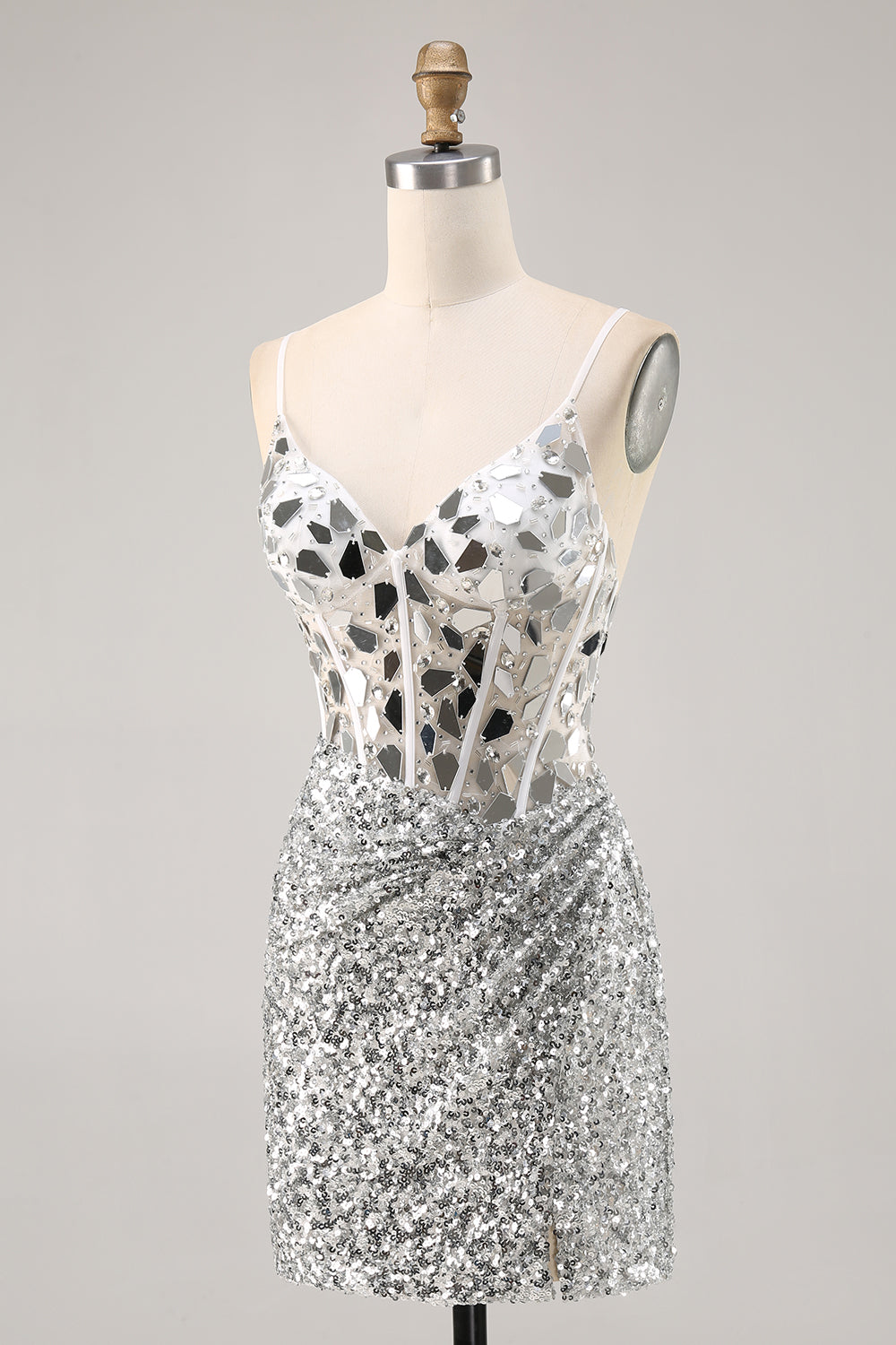 Sparkly Silver Mirror Sequins Corset Short Cocktail Dress