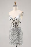Sparkly Silver Mirror Sequins Corset Short Cocktail Dress