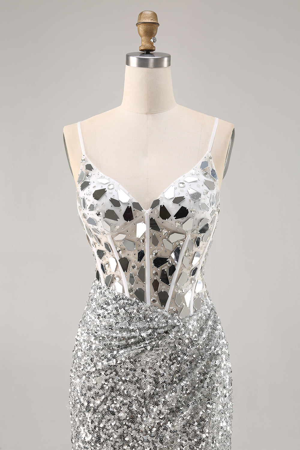 Sparkly Silver Mirror Sequins Corset Short Cocktail Dress