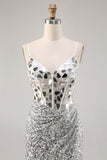 Sparkly Silver Mirror Sequins Corset Short Cocktail Dress