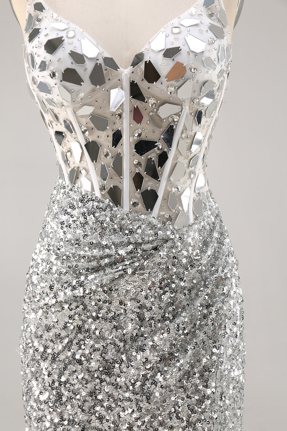 Sparkly Silver Mirror Sequins Corset Short Cocktail Dress
