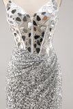 Sparkly Silver Mirror Sequins Corset Short Cocktail Dress