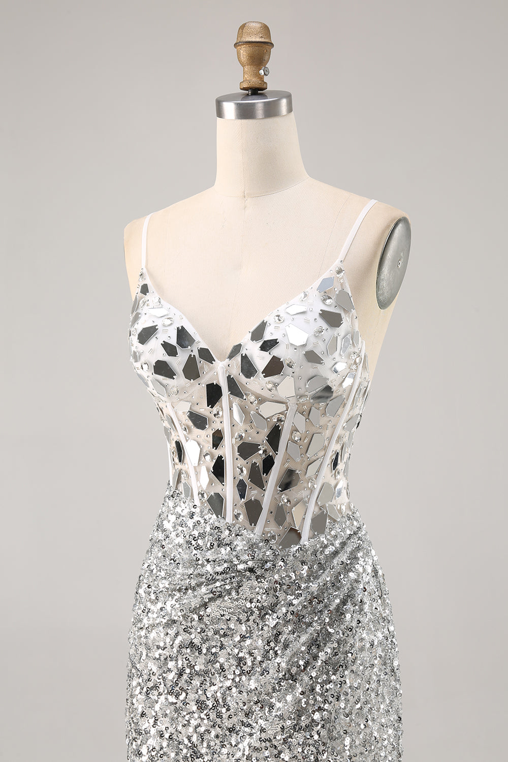 Sparkly Silver Mirror Sequins Corset Short Cocktail Dress