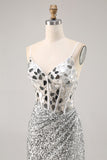 Sparkly Silver Mirror Sequins Corset Short Cocktail Dress