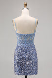 Sparkly Corset Grey Blue Bodycon Sequins Short Cocktail Dress
