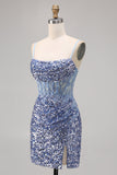 Sparkly Corset Grey Blue Bodycon Sequins Short Cocktail Dress