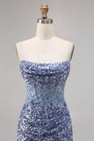 Sparkly Corset Grey Blue Bodycon Sequins Short Cocktail Dress