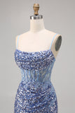 Sparkly Corset Grey Blue Bodycon Sequins Short Cocktail Dress