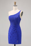Sparkly Royal Blue Bodycon Beaded One Shoulder Short Cocktail Dress