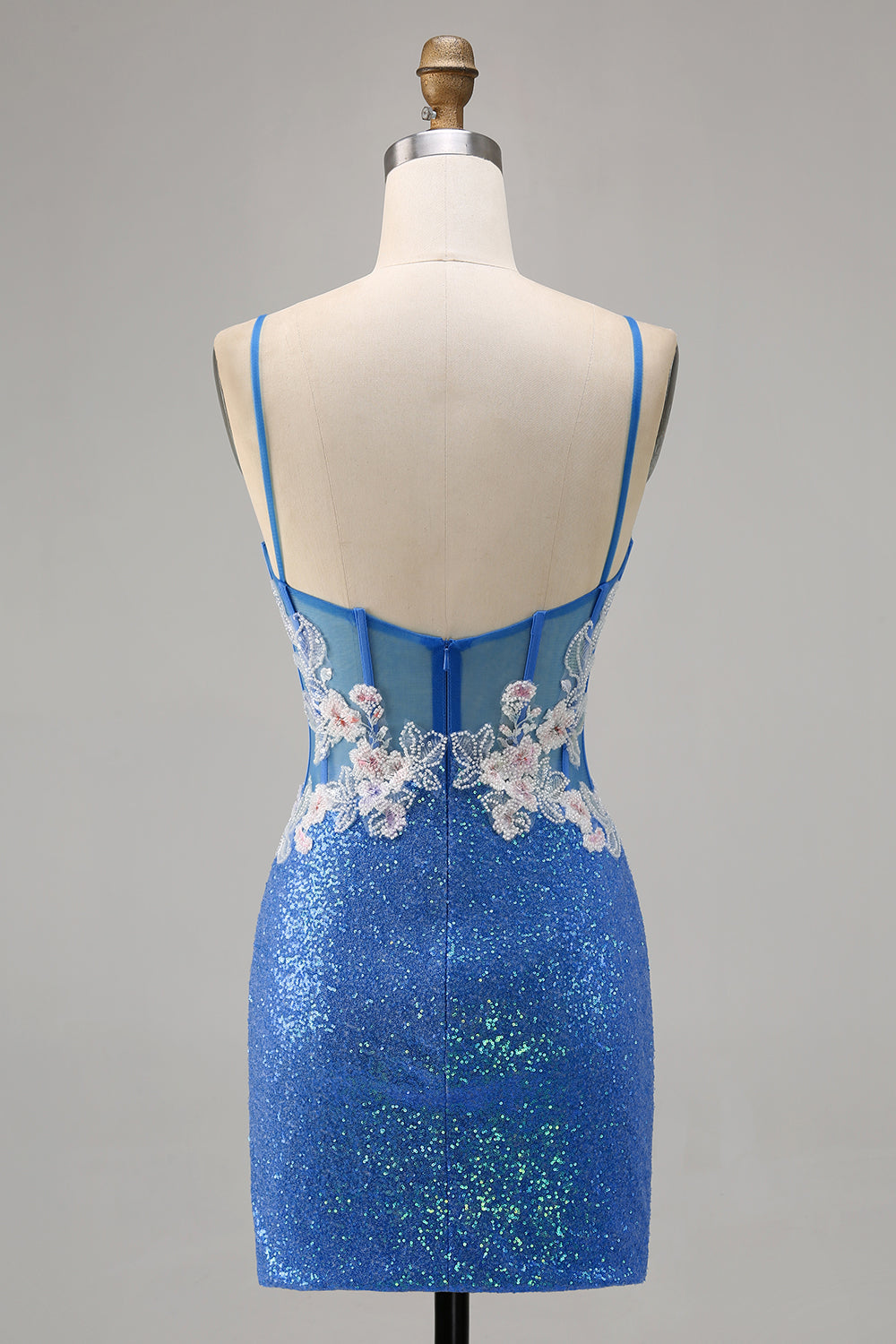 Sparkly Floral Blue Bodycon Sequin Short Cocktail Dress with Slit