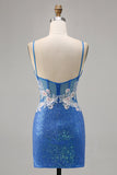 Sparkly Floral Blue Bodycon Sequin Short Cocktail Dress with Slit