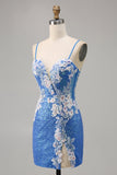Sparkly Floral Blue Bodycon Sequin Short Cocktail Dress with Slit