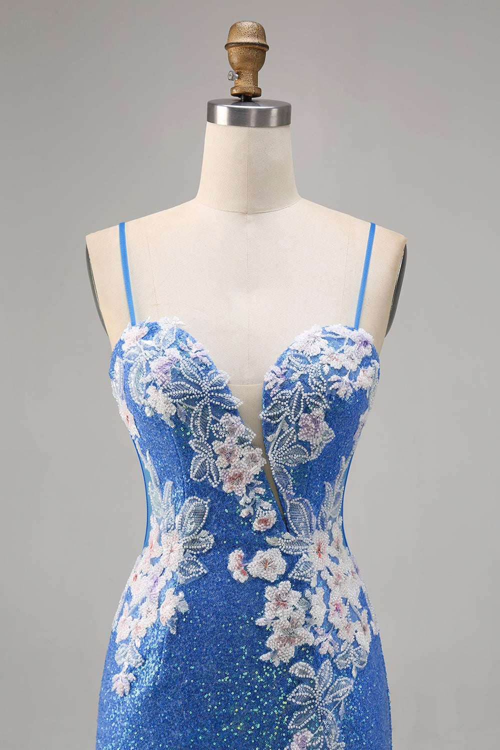 Sparkly Floral Blue Bodycon Sequin Short Cocktail Dress with Slit