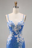 Sparkly Floral Blue Bodycon Sequin Short Cocktail Dress with Slit