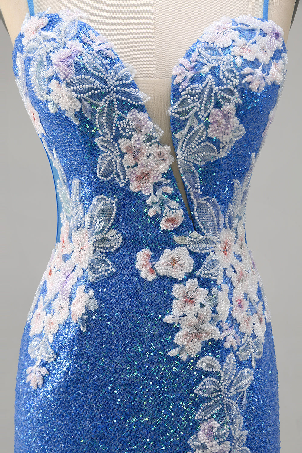 Sparkly Floral Blue Bodycon Sequin Short Cocktail Dress with Slit