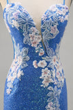 Sparkly Floral Blue Bodycon Sequin Short Cocktail Dress with Slit
