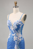 Sparkly Floral Blue Bodycon Sequin Short Cocktail Dress with Slit