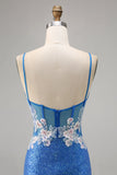 Sparkly Floral Blue Bodycon Sequin Short Cocktail Dress with Slit