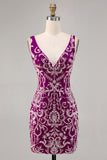 Sparkly Fuchsia Beaded Bodycon Mini Cocktail Dress