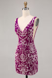 Sparkly Fuchsia Beaded Bodycon Mini Cocktail Dress