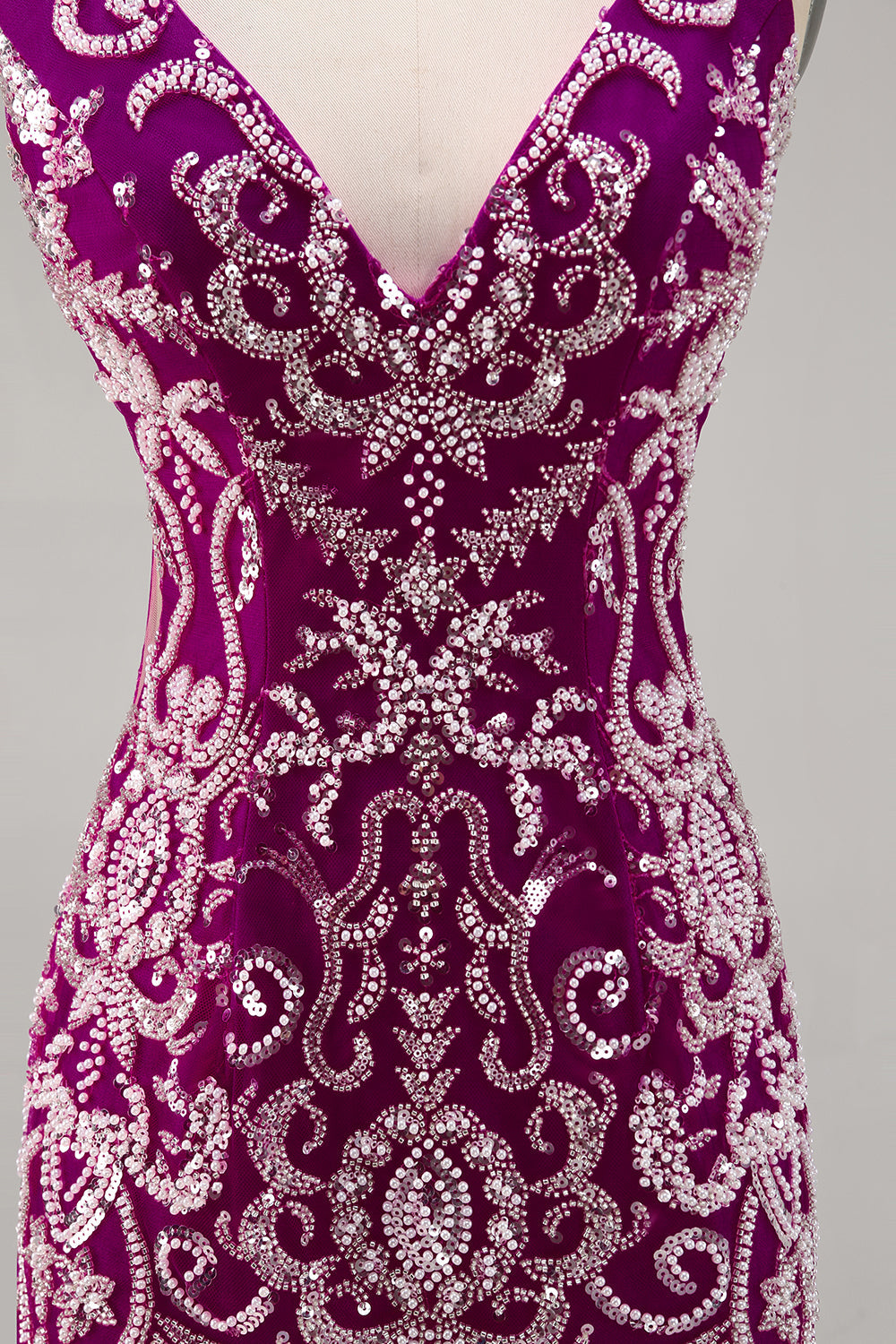 Sparkly Fuchsia Beaded Bodycon Mini Cocktail Dress