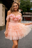 Blush A Line Cold Shoulder Tiered Short Homecoming Dress with 3D Flowers