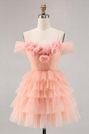 Blush Tiered A Line Corset Tulle Floral Short Cocktail Dress