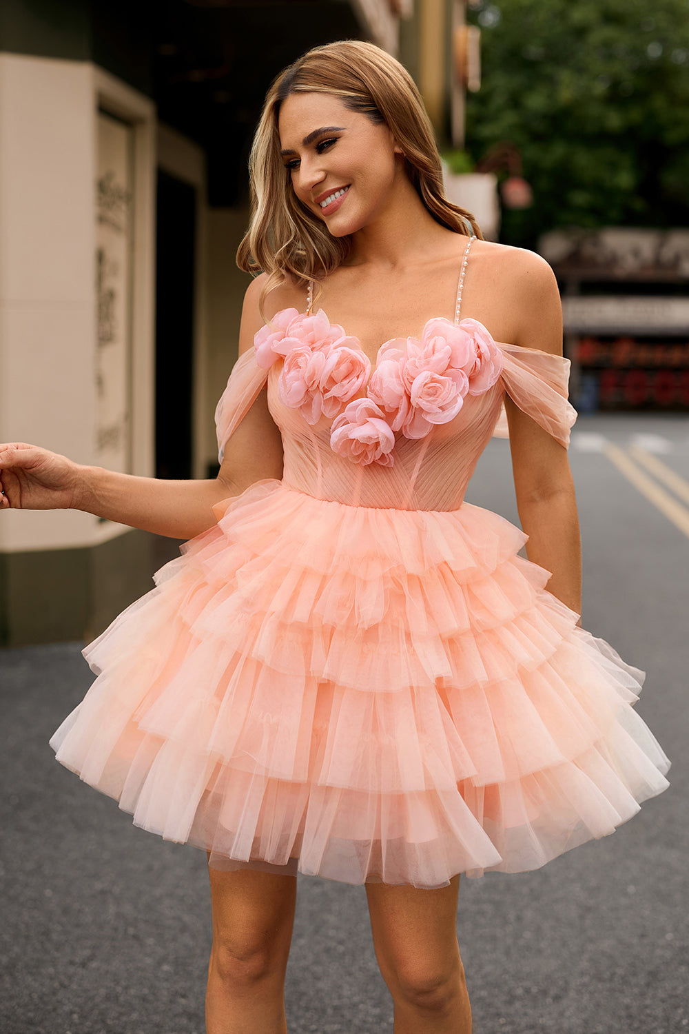 Blush A Line Cold Shoulder Tiered Short Homecoming Dress with 3D Flowers