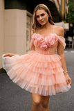 Blush A Line Cold Shoulder Tiered Short Homecoming Dress with 3D Flowers