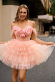 Blush A Line Cold Shoulder Tiered Short Homecoming Dress with 3D Flowers