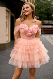 Blush A Line Cold Shoulder Tiered Short Homecoming Dress with 3D Flowers