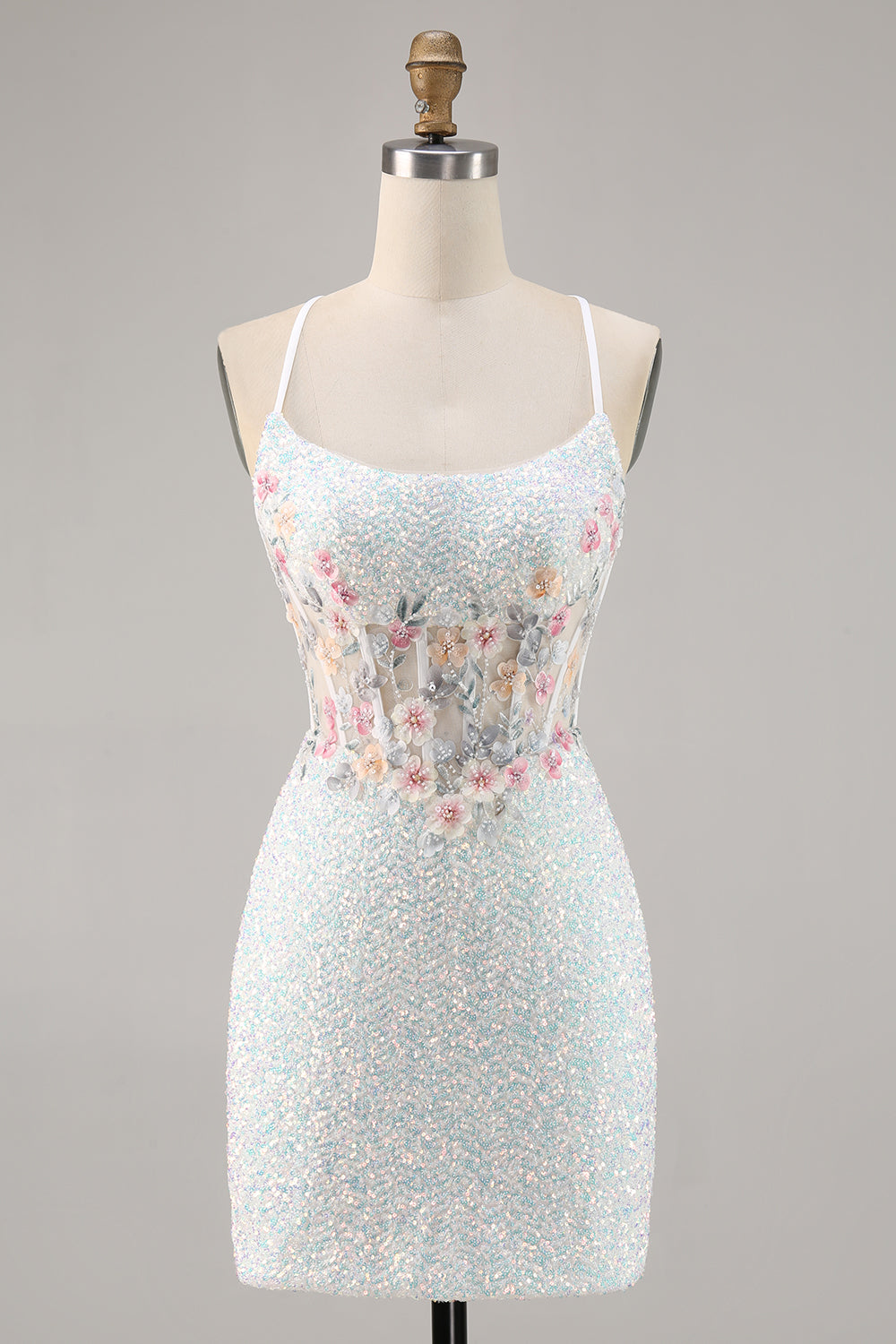 Sparky White Sequins Corset Bodycon Short Floral Cocktail Dress