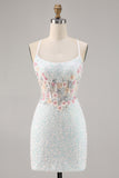 Sparky White Sequins Corset Bodycon Short Floral Cocktail Dress