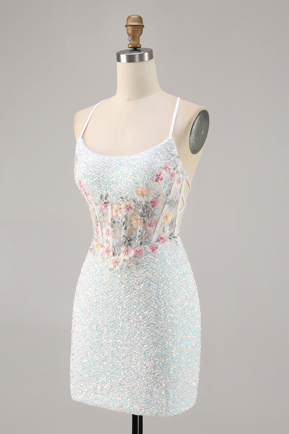 Sparky White Sequins Corset Bodycon Short Floral Cocktail Dress