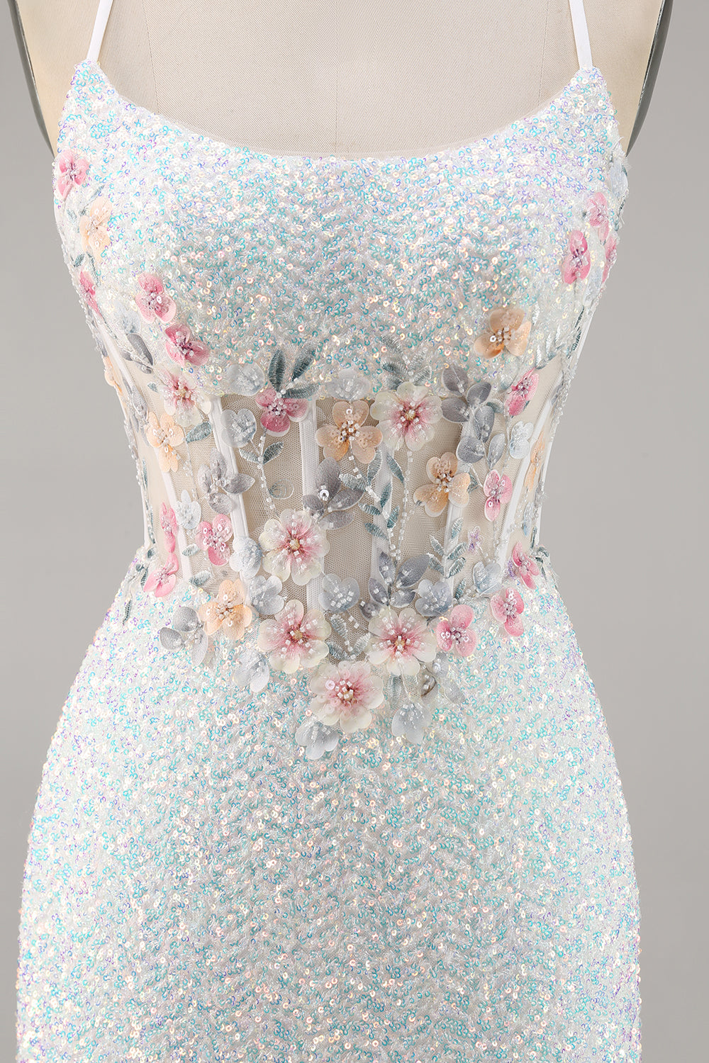 Sparky White Sequins Corset Bodycon Short Floral Cocktail Dress
