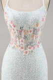 Sparky White Sequins Corset Bodycon Short Floral Cocktail Dress