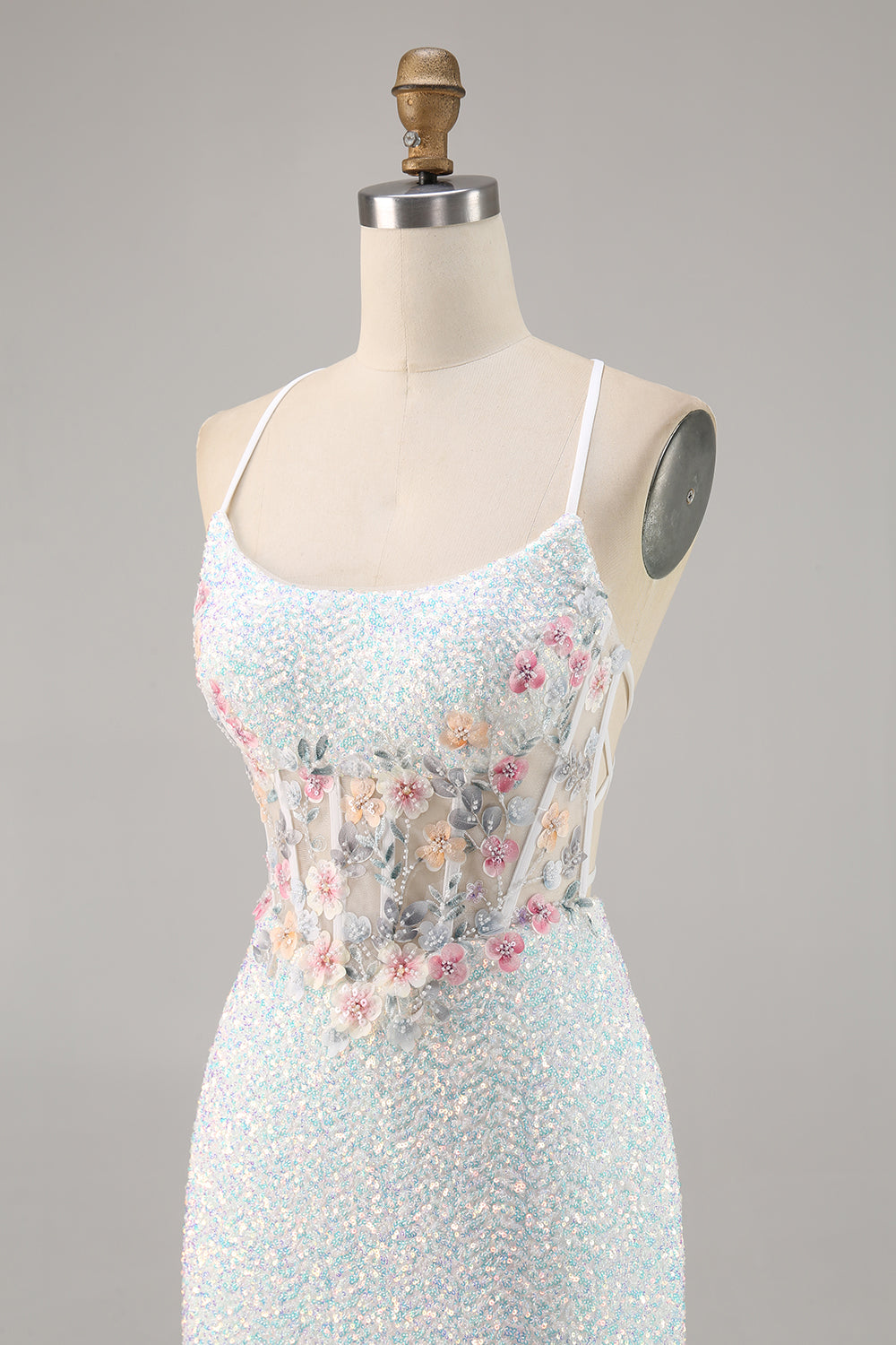 Sparky White Sequins Corset Bodycon Short Floral Cocktail Dress