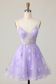 Sparkly Purple A Line Tulle Short Cocktail Dress with Appliques
