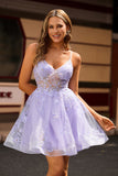 Sparkly Purple A-Line Spaghetti Straps Short Homecoming Dress with Appliques