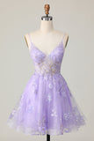 Sparkly Purple A Line Tulle Short Cocktail Dress with Appliques