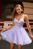 Sparkly Purple A-Line Spaghetti Straps Short Homecoming Dress with Appliques