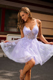 Sparkly Purple A-Line Spaghetti Straps Short Homecoming Dress with Appliques