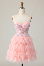 Sparkly Pink Corset Sequin A Line Short Cocktail Dress