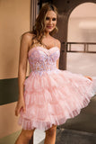 Pink A Line Corset Tiered Short Homecoming Dress with Sequins