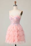 Sparkly Pink Corset Sequin A Line Short Cocktail Dress