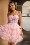 Pink A Line Corset Tiered Short Homecoming Dress with Sequins
