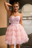 Pink A Line Corset Tiered Short Homecoming Dress with Sequins