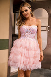 Pink A Line Corset Tiered Short Homecoming Dress with Sequins