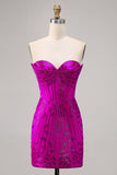 Sparkly Strapless Fuchsia Bodycon Beaded Short Cocktail Dress