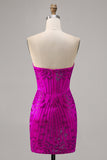 Sparkly Strapless Fuchsia Bodycon Beaded Short Cocktail Dress